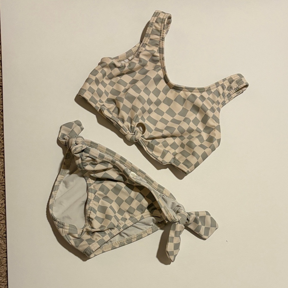 Checkered Tie-Front Bikini Set in Beige and Gray/light green